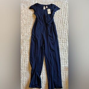 Pact Casual Organic Navy Blue Quinn Wide Leg Jumpsuit Tie Short Sleeve Sz M NWT